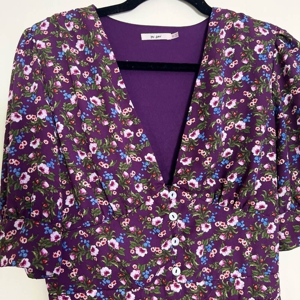 🛍️Mi Ami Francescas Women Purple Cottagecore Mini Dress Flowy Y2K Ruffled Medium - Picture 4 of 16